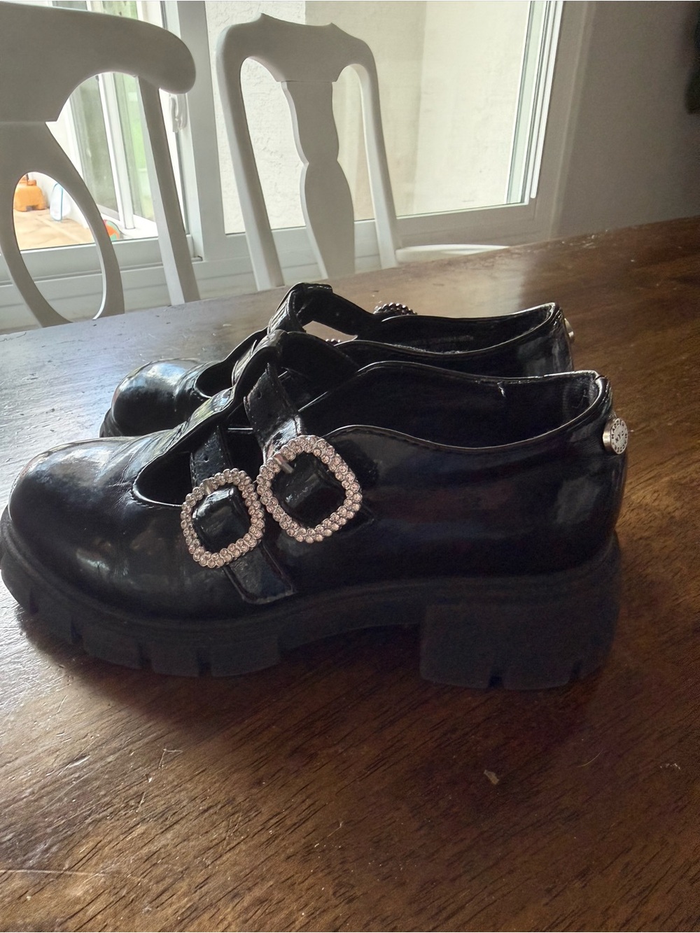 Girls Patent Chunky Mary Jane Shoes with Rhinestone Buckles
